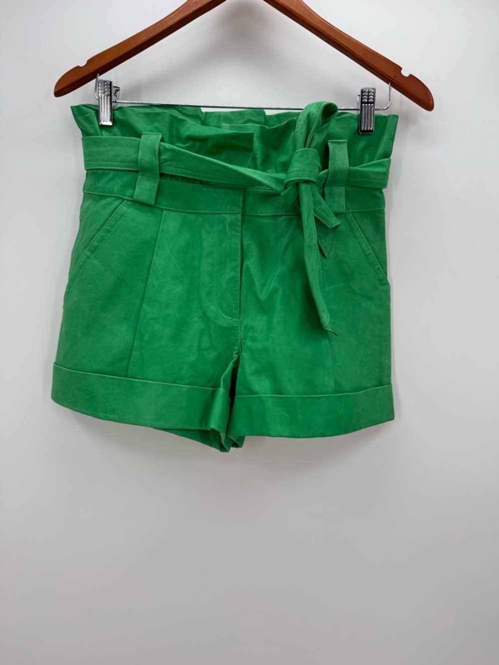 Diane Von Furstenberg Emerald Green High-Waisted Leather Shorts with Tie Belt - Picture 8 of 14